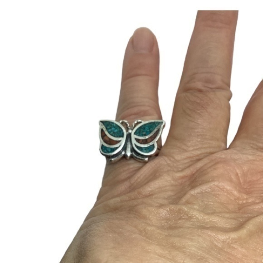 - Sterling silver coral turquoise inlay butterfly ring
